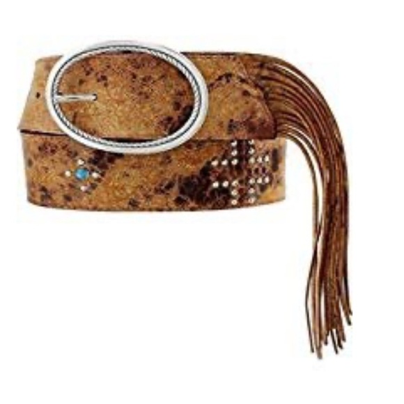 Tony Lama Western Tan Belt with Silver Buckle and Fringe - Picture 1 of 5